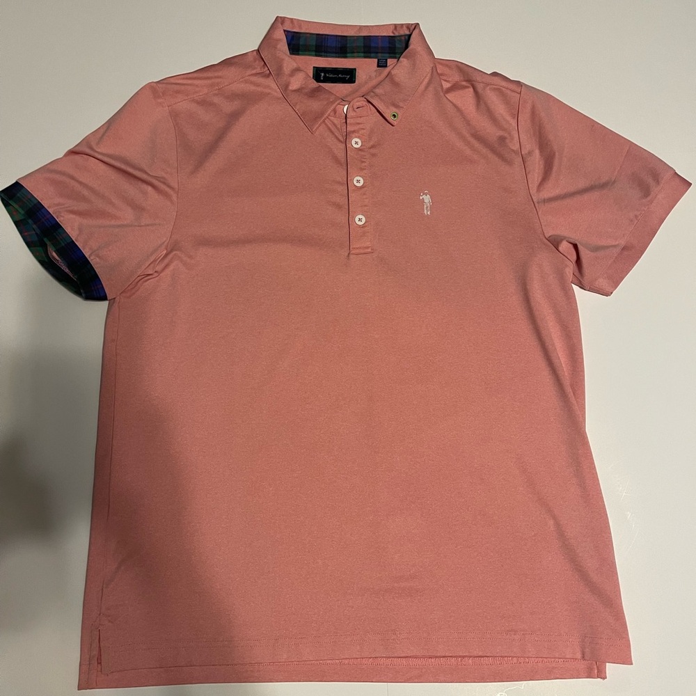 William Murray Men's Pink Plaid Collar Golf Polo Shirt Size Large